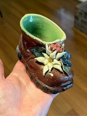 Hand-Painted Ceramic Decorative Boot Planter in Brown and Green